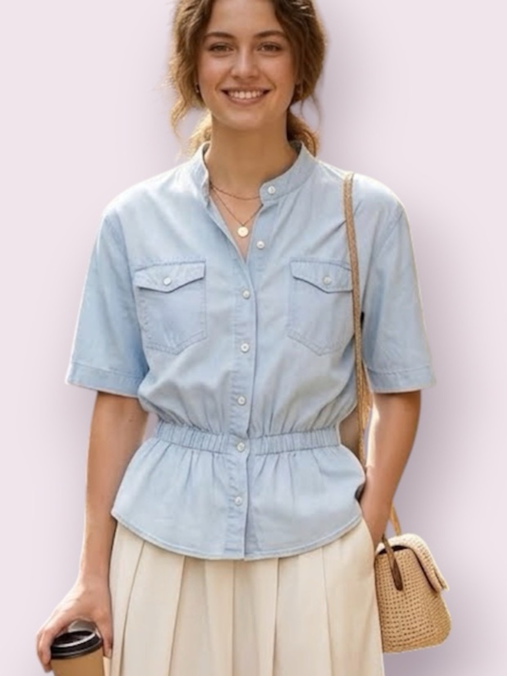 DEREK LAM 10 CROSBY x ATHLETA IOC Blue Button Down Top Peplum Elastic Waist XS